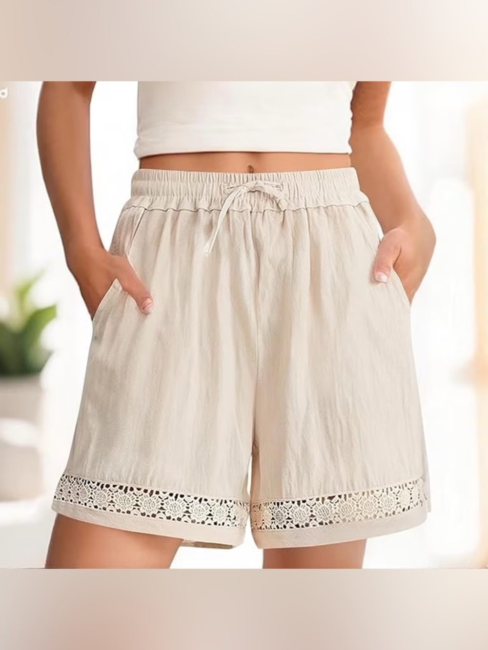 NWT Adrianna papell Women’s Cream Crochet-Hem Drawstring Shorts Sz L